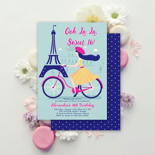 Paris Eiffel Chic Girl on Bicycle Ooh La Sweet 16 Invitation