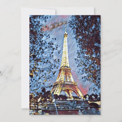 Paris Eiffel Impressionist Blue Santa Christmas  Holiday Card