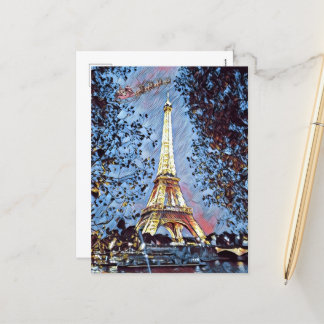 Paris Eiffel Impressionist Blue Santa Christmas Holiday Postcard