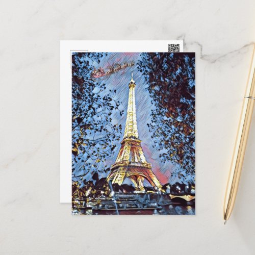 Paris Eiffel Impressionist Blue Santa Christmas  Holiday Postcard