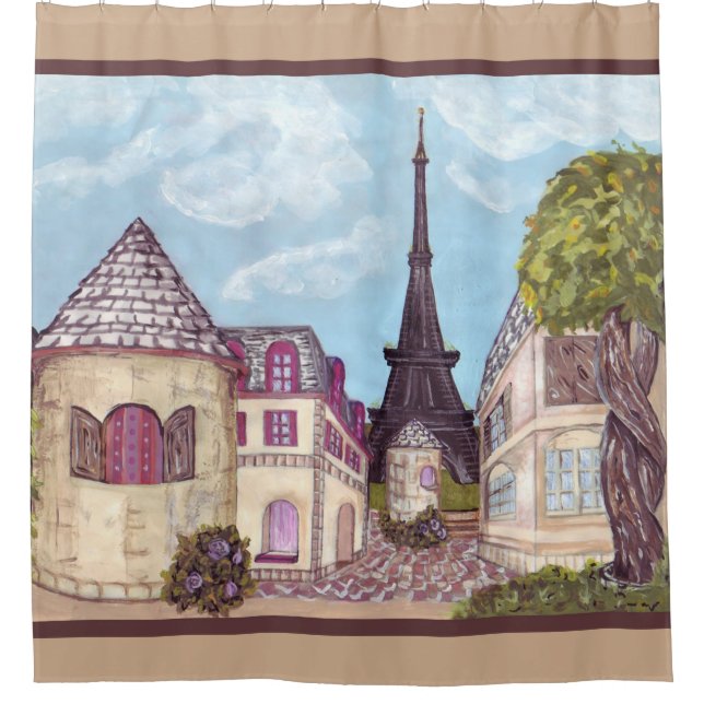 Paris Eiffel inspired landscape tan bath curtain (Front)
