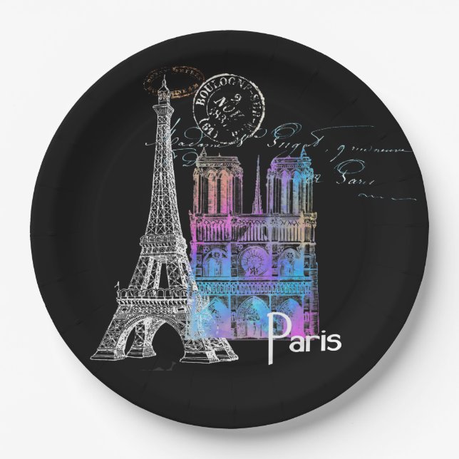 Paris Eiffel Notre Dame Rainbow French Paper Plate (Front)