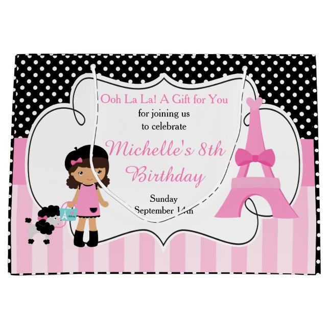 Paris Eiffel Tower African American Girl Large Gift Bag (Front)