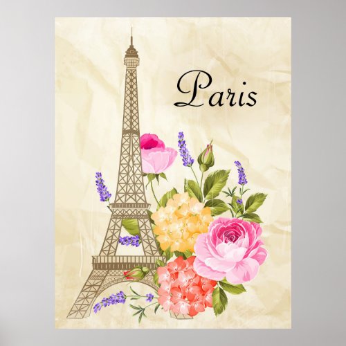 Paris Eiffel Tower and Flowers Poster