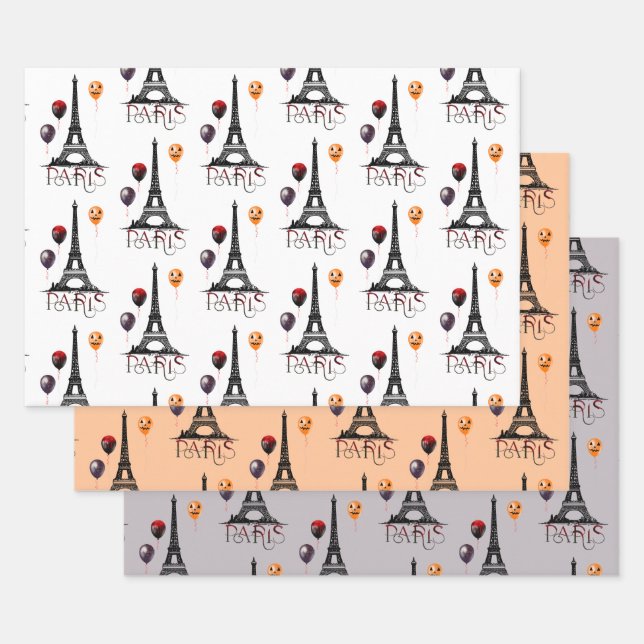 Paris, Eiffel Tower and Halloween Balloons Gothic Wrapping Paper Sheets (Set)