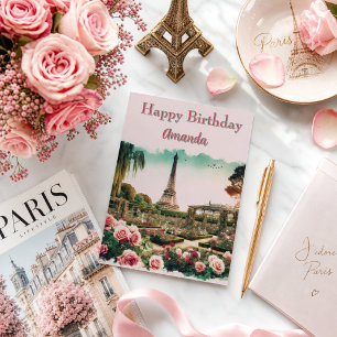 Paris Eiffel Tower and Pink Roses Birthday Cards