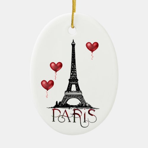 Paris Eiffel Tower and Red Balloons Christmas Ceramic Ornament