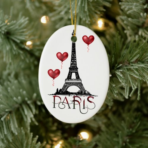Paris Eiffel Tower and Red Balloons Christmas Ceramic Ornament