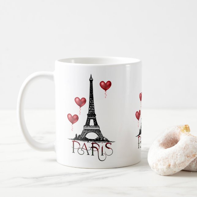 Paris, Eiffel Tower and Red Balloons Coffee Mug (With Donut)