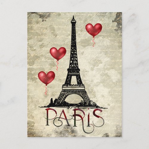 Paris Eiffel Tower and Red Balloons Parchment Postcard