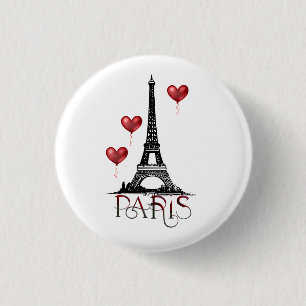Paris, Eiffel Tower and Red Heart Balloons Button