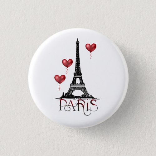 Paris Eiffel Tower and Red Heart Balloons Button