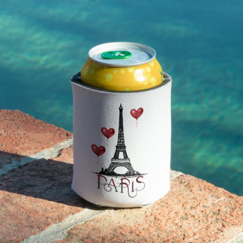 Paris Eiffel Tower and Red Heart Balloons  Can Cooler