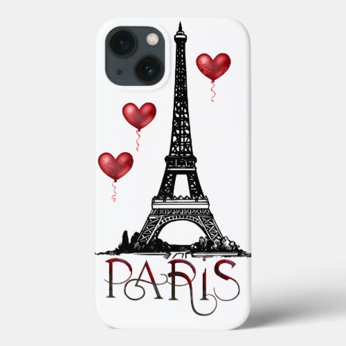 Paris Eiffel Tower and Red Heart Balloons iPhone 13 Case