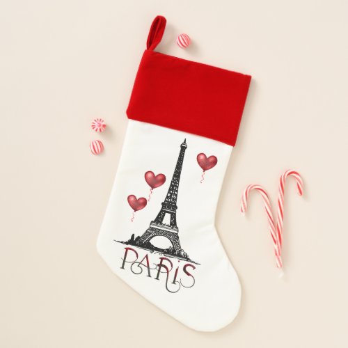 Paris Eiffel Tower and Red Heart Balloons Christmas Stocking