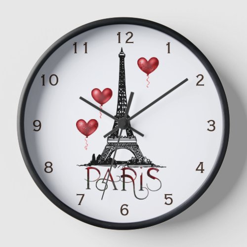 Paris Eiffel Tower and Red Heart Balloons Clock