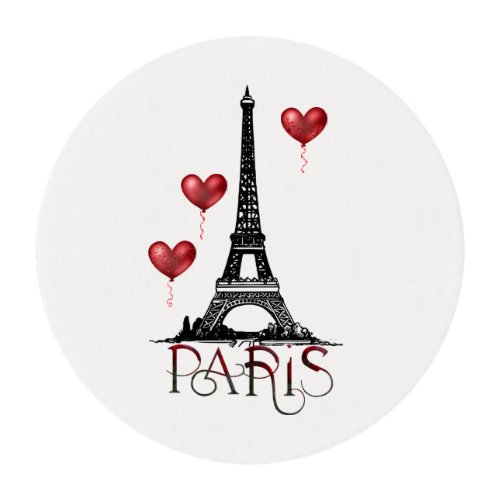 Paris Eiffel Tower and Red Heart Balloons Edible Frosting Rounds