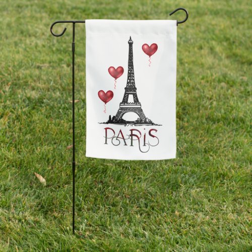 Paris Eiffel Tower and Red Heart Balloons Garden Flag