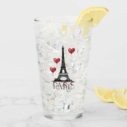 Paris Eiffel Tower and Red Heart Balloons Glass