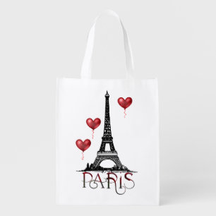 Paris, Eiffel Tower and Red Heart Balloons Grocery Bag