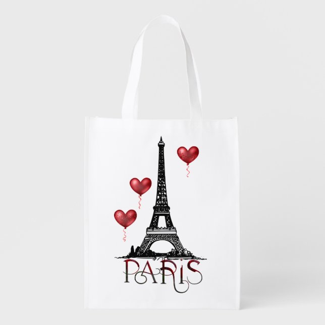 Paris, Eiffel Tower and Red Heart Balloons Grocery Bag (Front)