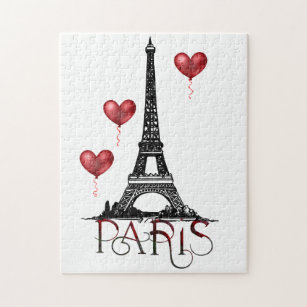 Paris, Eiffel Tower and Red Heart Balloons Jigsaw Puzzle
