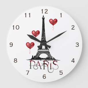 Paris, Eiffel Tower and Red Heart Balloons Large Clock