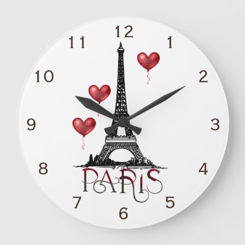 Paris Eiffel Tower and Red Heart Balloons Large Clock