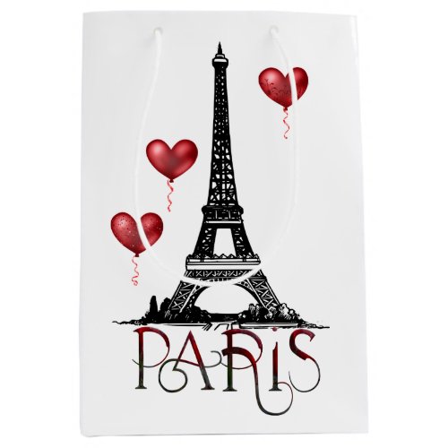 Paris Eiffel Tower and Red Heart Balloons Medium Gift Bag