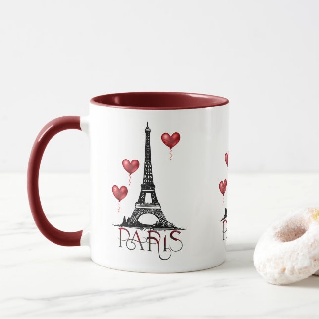Paris, Eiffel Tower and Red Heart Balloons Mug (With Donut)