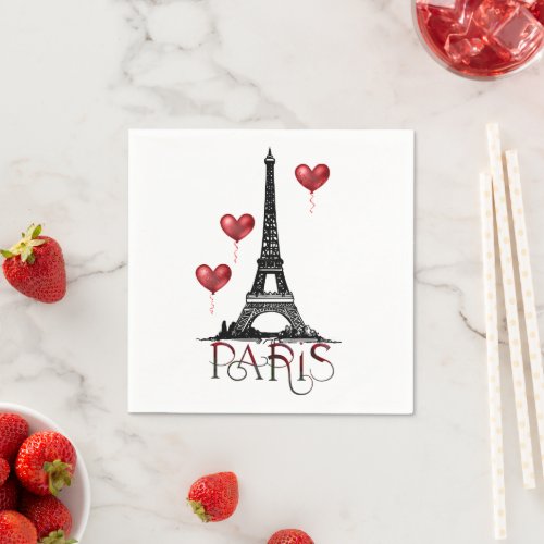 Paris Eiffel Tower and Red Heart Balloons Napkins