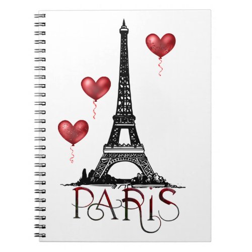 Paris Eiffel Tower and Red Heart Balloons Notebook