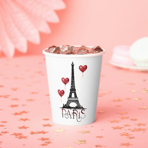 Paris Eiffel Tower and Red Heart Balloons Paper Cups