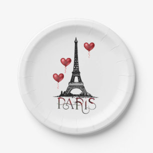 Paris, Eiffel Tower and Red Heart Balloons Paper Plates
