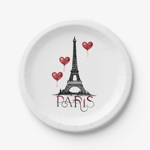 Paris Eiffel Tower and Red Heart Balloons Paper Plates