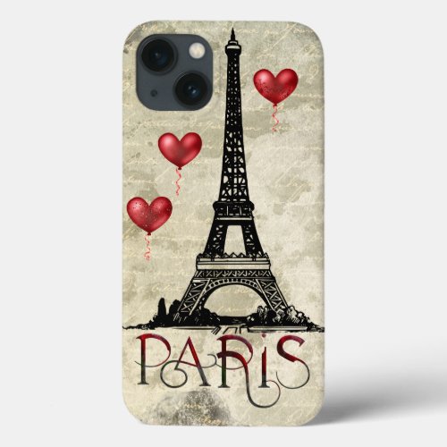 Paris Eiffel Tower and Red Heart Balloons Script iPhone 13 Case