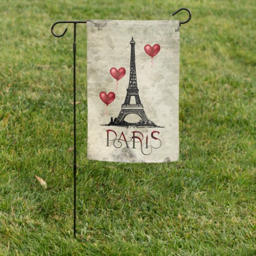 Paris Eiffel Tower and Red Heart Balloons Script Garden Flag