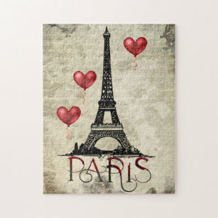 Paris, Eiffel Tower and Red Heart Balloons Script Jigsaw Puzzle