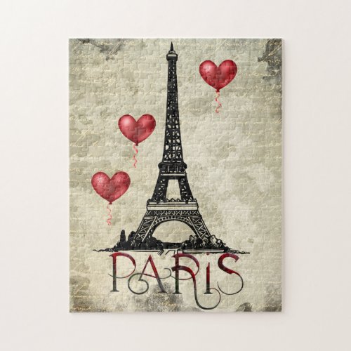 Paris Eiffel Tower and Red Heart Balloons Script Jigsaw Puzzle
