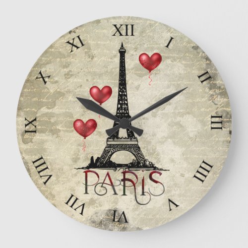 Paris Eiffel Tower and Red Heart Balloons Script Large Clock