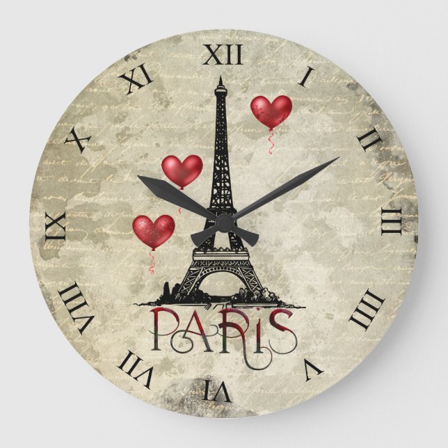 Paris, Eiffel Tower and Red Heart Balloons Script Large Clock (Front)