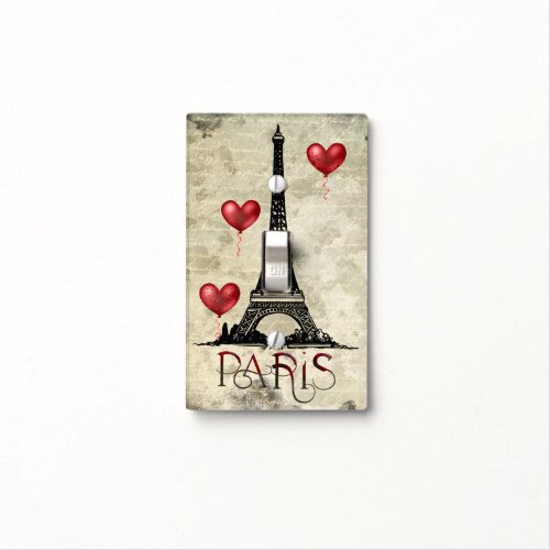 Paris Eiffel Tower and Red Heart Balloons Script Light Switch Cover