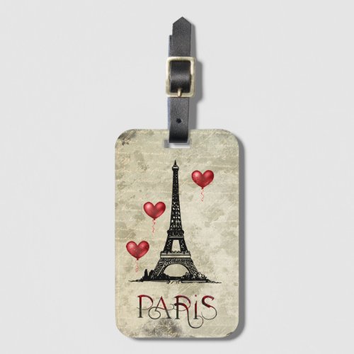 Paris Eiffel Tower and Red Heart Balloons Script Luggage Tag