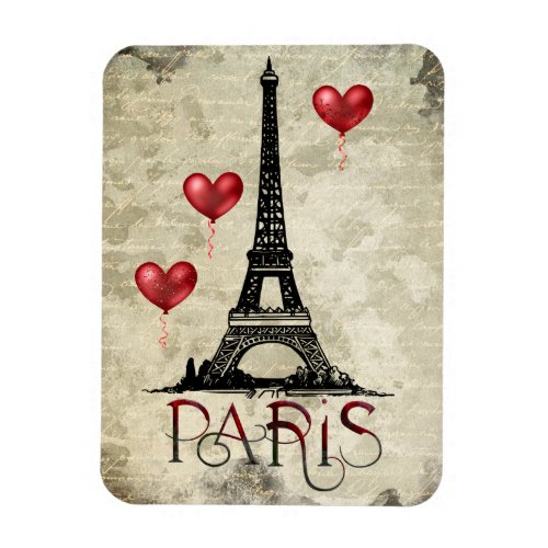 Paris Eiffel Tower and Red Heart Balloons Script Magnet
