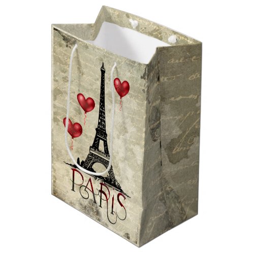 Paris Eiffel Tower and Red Heart Balloons Script Medium Gift Bag