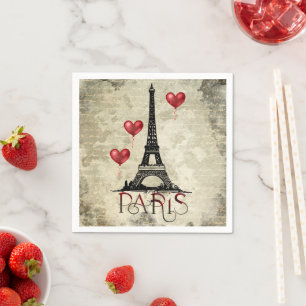 Paris, Eiffel Tower and Red Heart Balloons Script Napkins