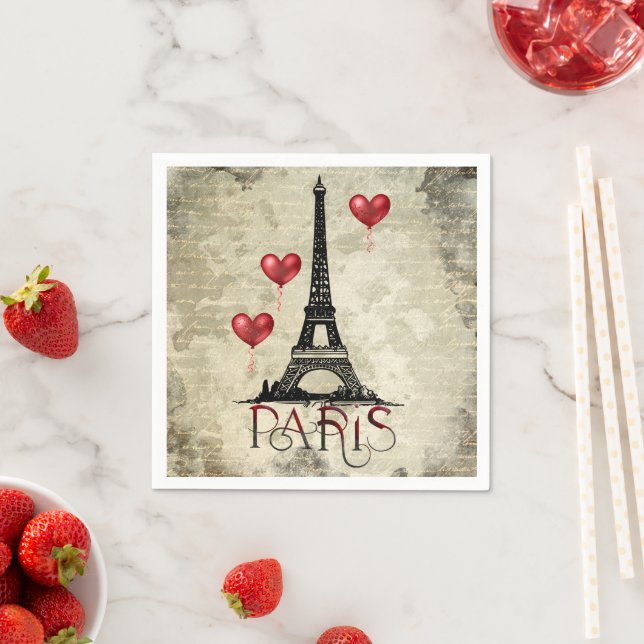 Paris, Eiffel Tower and Red Heart Balloons Script Napkins (Insitu)