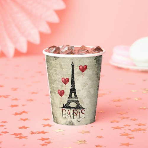 Paris Eiffel Tower and Red Heart Balloons Script Paper Cups