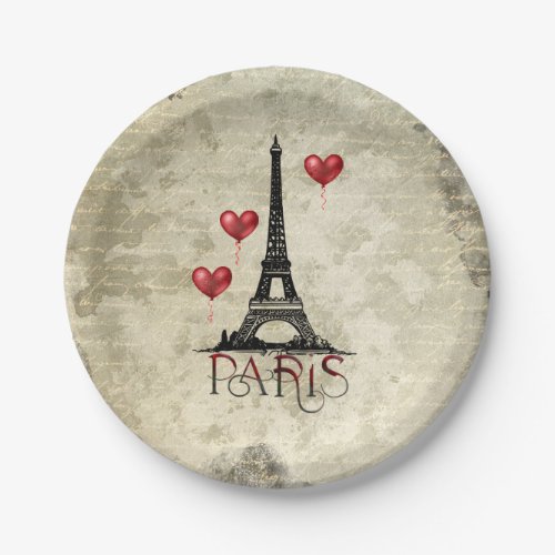 Paris Eiffel Tower and Red Heart Balloons Script Paper Plates
