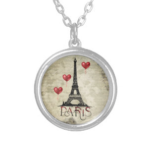 Paris, Eiffel Tower and Red Heart Balloons Script Silver Plated Necklace